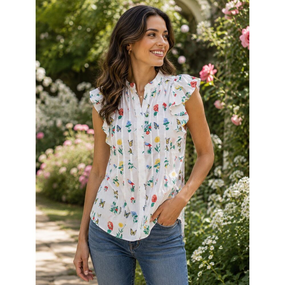Ann Taylor Floral Ruffle Sleeve Blouse Size S Birds Butterflies Print